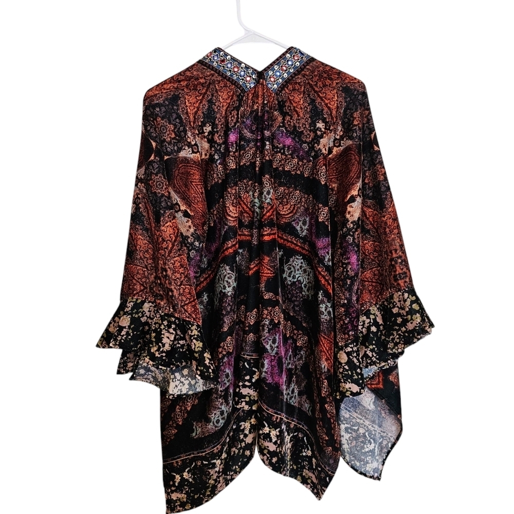 Soft Surroundings Velevt Floral Mixed Print Beaded Bohemian Kimono Shrug Gypsy - Picture 3 of 7